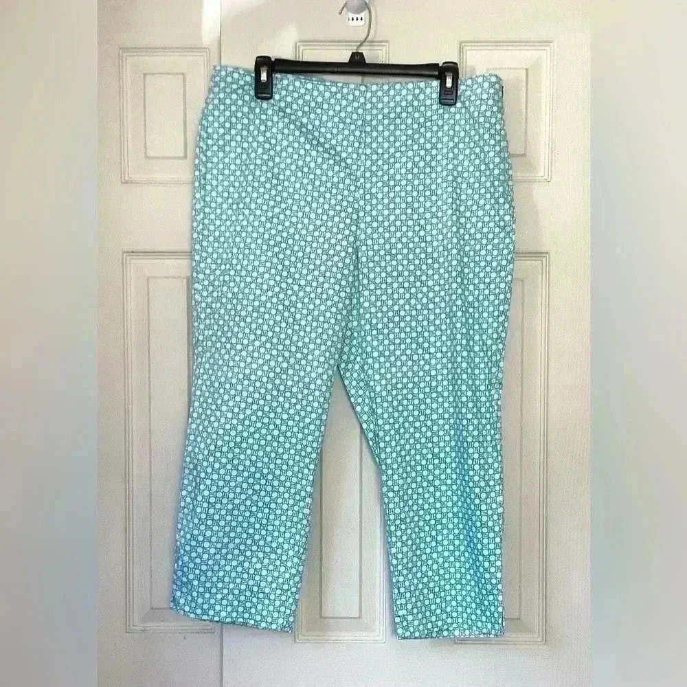Talbots Perfect Crop Turquoise Geometric print 98% Cotton Pants Size 16